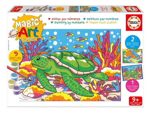 Maľovanie podľa čísiel Morské živočíchy Magic Art Number Marine Animals Educa 2 obrázky s rámikom a 9 farieb so štetcom a paletou od 9 rokov