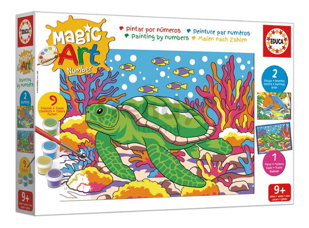 Maľovanie podľa čísiel Morské živočíchy Magic Art Number Marine Animals Educa 2 obrázky s rámikom a 9 farieb so štetcom a paletou od 9 rokov