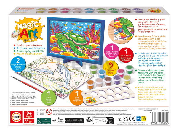 Maľovanie podľa čísiel Morské živočíchy Magic Art Number Marine Animals Educa 2 obrázky s rámikom a 9 farieb so štetcom a paletou od 9 rokov