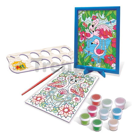 Maľovanie podľa čísiel Plameniak Magic Art Number Flamingos Educa 2 obrázky s rámikom a 9 farieb so štetcom a paletou od 9 rokov