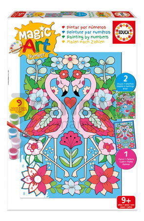 Maľovanie podľa čísiel Plameniak Magic Art Number Flamingos Educa 2 obrázky s rámikom a 9 farieb so štetcom a paletou od 9 rokov