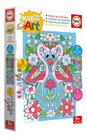Maľovanie podľa čísiel Plameniak Magic Art Number Flamingos Educa 2 obrázky s rámikom a 9 farieb so štetcom a paletou od 9 rokov