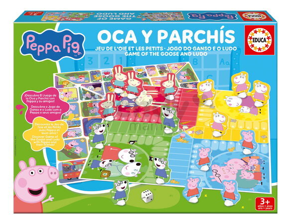 Spoločenská hra Peppa Pig Parchesi & Goose Educa pre 2-4 hráčov v španielčine, angličtine, francúzštine a portugalčine od 3 rokov EDU20437