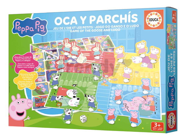 Spoločenská hra Peppa Pig Parchesi & Goose Educa pre 2-4 hráčov v španielčine, angličtine, francúzštine a portugalčine od 3 rokov EDU20437