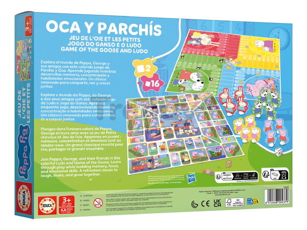 Spoločenská hra Peppa Pig Parchesi & Goose Educa pre 2-4 hráčov v španielčine, angličtine, francúzštine a portugalčine od 3 rokov EDU20437