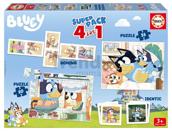 Superpack 4v1 Bluey Educa domino pexeso a puzzle s 25 a 50 dílky