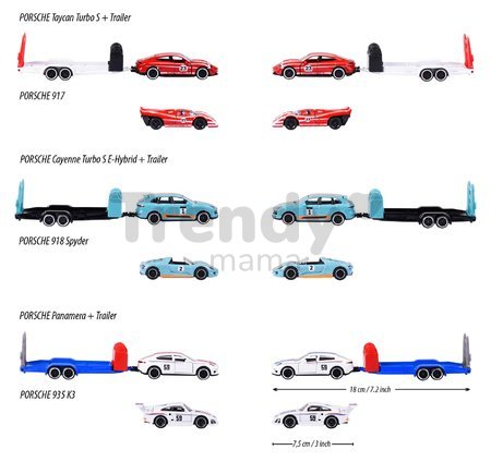 Autíčka s prívesom Porsche Motorsport Race Trailer Majorette kovové s otvárateľnými časťami dĺžka 18 cm