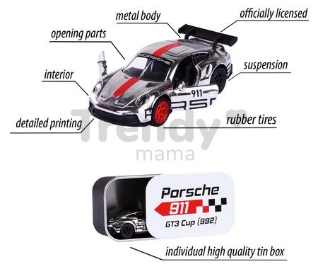 Mașinuță Porsche Motorsport Deluxe Majorette și o cutie de colecție 7,5 cm lungime 5 tipuri