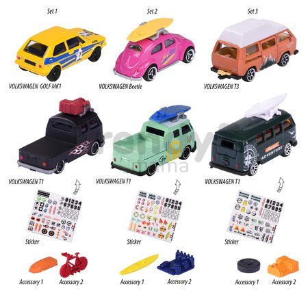 Autíčka VW The Originals Majorette kovové s nálepkami dĺžka 7,5 cm sada 2 druhov 3 varianty