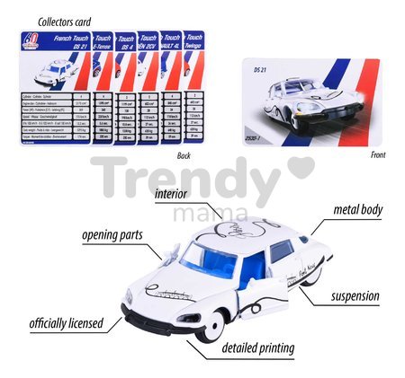 Autíčko French Touch Premium Cars Majorette kovové s odpružením a zberateľskou kartičkou 7,5 cm dĺžka 6 druhov