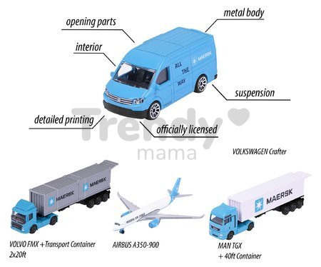 Autíčko prepravné MAERSK Transport Vehicles Majorette kovové 17 cm dĺžka 3 druhy