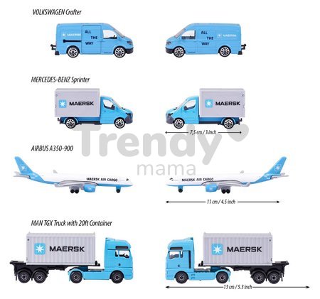 Autíčka prepravné MAERSK 4 Pieces Giftpack Majorette kovové 7,5 cm dĺžka sada 4 druhov v darčekovom balení