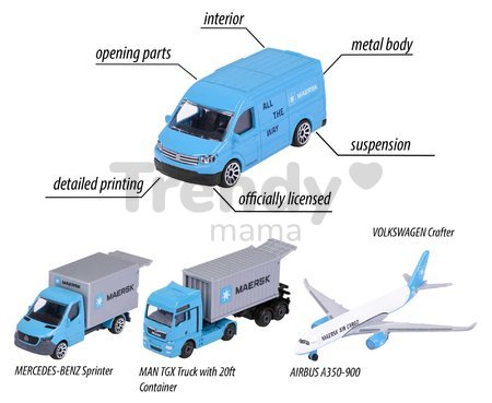 Autíčka prepravné MAERSK 4 Pieces Giftpack Majorette kovové 7,5 cm dĺžka sada 4 druhov v darčekovom balení