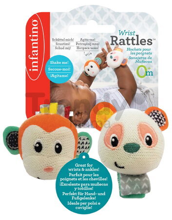 Hrkálky na ruku Opička a Panda Wrist Rattles Infantino na suchý zips od 0 mes