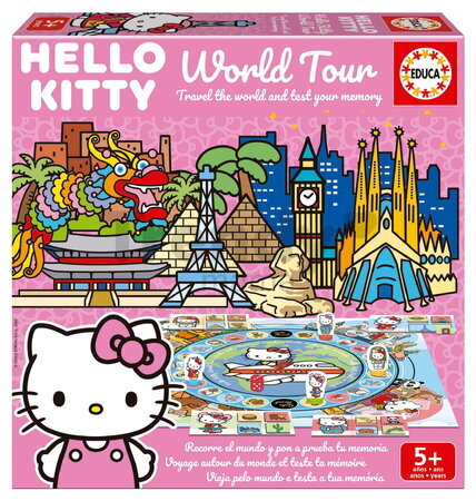 Spoločenská hra Hello Kitty World Tour Educa dosková hra pre 2 hráčov od 5 rokov v španielčine, angličtine, francúzštine a portugalčine  EDU20695