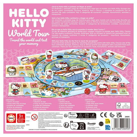 Spoločenská hra Hello Kitty World Tour Educa dosková hra pre 2 hráčov od 5 rokov v španielčine, angličtine, francúzštine a portugalčine  EDU20695