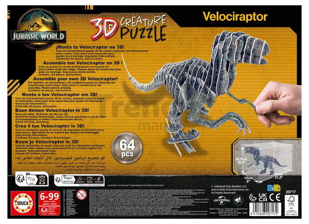 Puzzle dinosaurus Velociraptor 3D Creature Puzzle Educa dĺžka 55 cm 64 dielov od 6 rokov EDU20717