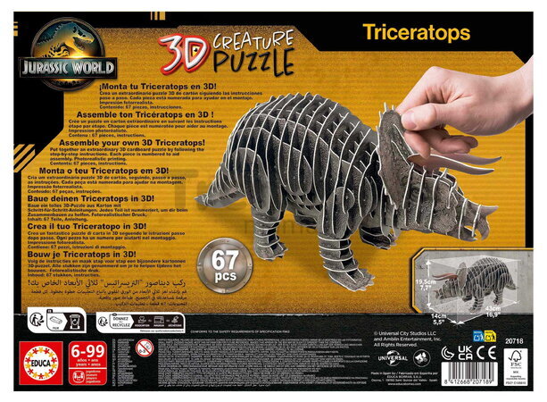 Puzzle dinosaurus Triceratops 3D Creature Puzzle Educa dĺžka 43 cm 67 dielov od 6 rokov EDU20718
