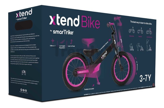 Bicykel a odrážadlo 2v1 Xtend Bike Pink smarTrike rozšíriteľný rám z magnézia s výškovo nastaviteľným sedadlom a riadidlami s prednou brzdou od 3 do 7