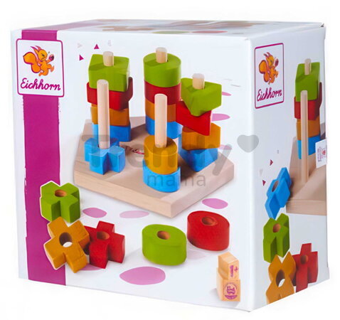 Drevená skladačka veža Stacking Toy Eichhorn s 5 rôznymi farebnými tvarmi 21 dielov od 12 mes