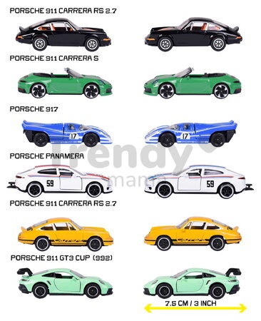 Mașinuță Porsche Premium Majorette 6 tipuri diferite, metal, cu piese mobile, lungime 7,5 cm, 1:64