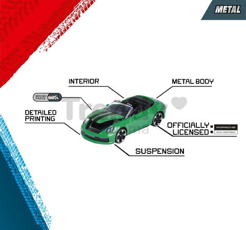 Mașinuță Porsche Premium Majorette 6 tipuri diferite, metal, cu piese mobile, lungime 7,5 cm, 1:64