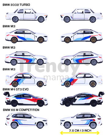 Mașinuță BMW Deluxe Majorette metalice, 6 tipuri diferite, cu cutie de colecție; lungime 7,5 cm; 1:64