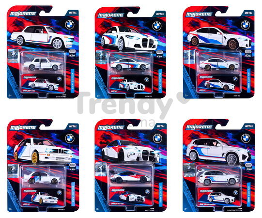 Mașinuță BMW Deluxe Majorette metalice, 6 tipuri diferite, cu cutie de colecție; lungime 7,5 cm; 1:64