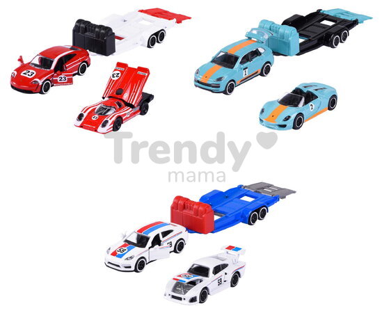 Mașinuță cu remorcă Porsche Deluxe Majorette metalice cu piese mobile 3 tipuri diferite, lungime 18 cm