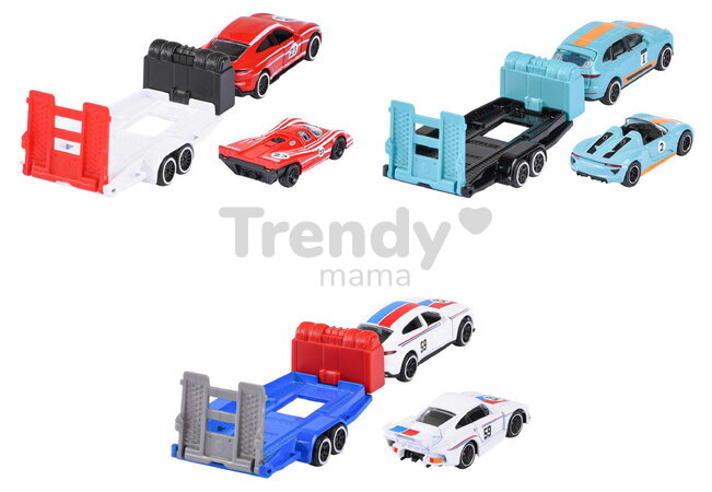 Mașinuță cu remorcă Porsche Deluxe Majorette metalice cu piese mobile 3 tipuri diferite, lungime 18 cm