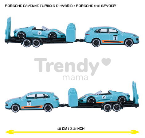 Mașinuță cu remorcă Porsche Deluxe Majorette metalice cu piese mobile 3 tipuri diferite, lungime 18 cm