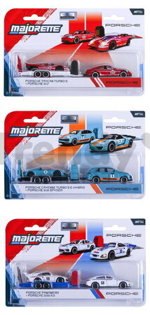 Mașinuță cu remorcă Porsche Deluxe Majorette metalice cu piese mobile 3 tipuri diferite, lungime 18 cm