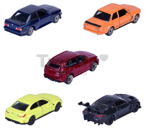 Mașinuțe BMW Giftpack Majorette set metalic de 5 tipuri în ambalaj cadou, lungime 7,5 cm, 1:64
