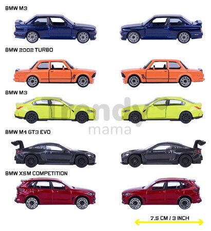 Mașinuțe BMW Giftpack Majorette set metalic de 5 tipuri în ambalaj cadou, lungime 7,5 cm, 1:64