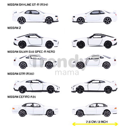 Mașinuțe Nissan Giftpack Majorette set metalic de 5 tipuri, în ambalaj cadou; lungime 7,5 cm; 1:64