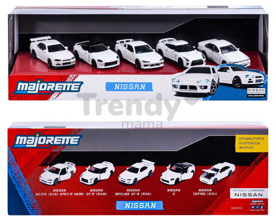 Mașinuțe Nissan Giftpack Majorette set metalic de 5 tipuri, în ambalaj cadou; lungime 7,5 cm; 1:64