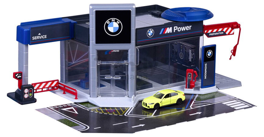 Garáž s predvádzacou platformou BMW Showroom Majorette s kovovým modelom autíčka 1:64 MJ2106000