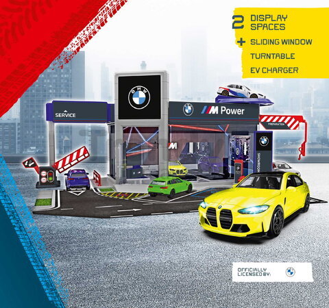 Garáž s predvádzacou platformou BMW Showroom Majorette s kovovým modelom autíčka 1:64 MJ2106000