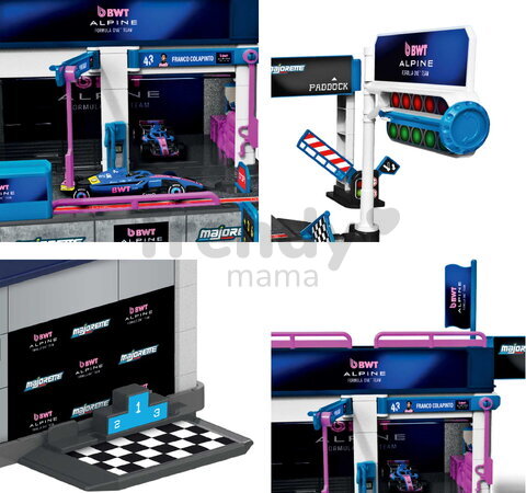 Garaj cu uși care se deschid Motorsport Alpine Pit Stop Majorette cu modelul unei mașinuțe Formula 1:64, de la 5 ani