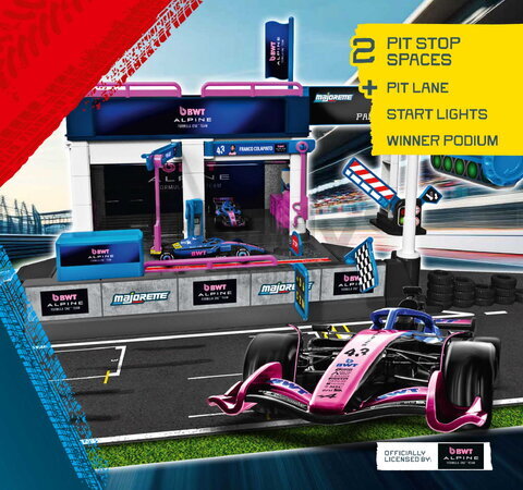 Garaj cu uși care se deschid Motorsport Alpine Pit Stop Majorette cu modelul unei mașinuțe Formula 1:64, de la 5 ani