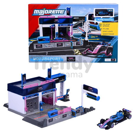 Garaj cu uși care se deschid Motorsport Alpine Pit Stop Majorette cu modelul unei mașinuțe Formula 1:64, de la 5 ani