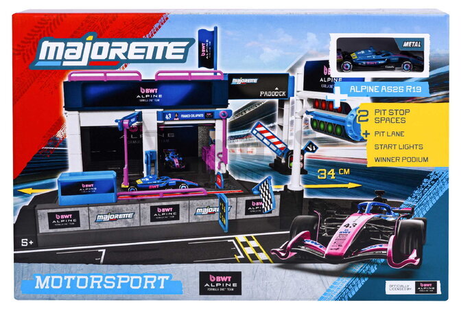 Garaj cu uși care se deschid Motorsport Alpine Pit Stop Majorette cu modelul unei mașinuțe Formula 1:64, de la 5 ani