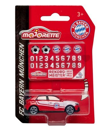 Autíčko FC Bayern Premium Majorette kovové s odpružením so samolepkami 7,5 cm dĺžka 6 rôznych druhov