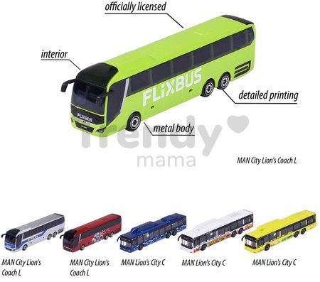 Autobus MAN City Bus Majorette s odpružením 13 cm dĺžka rôzne druhy
