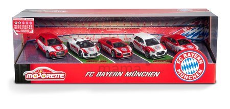 Autíčka FC Bayern Majorette kovové s odpružením a samolepkami sada 5 druhov v darčekovom balení