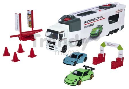 Kamión testovacie centrum MAN TGX Truck Porsche Experience Majorette a 2 kovové autíčka Porsche