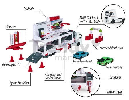 Kamión testovacie centrum MAN TGX Truck Porsche Experience Majorette a 2 kovové autíčka Porsche