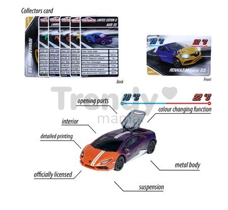 Autíčko meniace farbu so zberateľskou kartičkou Limited Edition 6 Majorette kovové otvárateľné 7,5 cm dĺžka 6 rôznych druhov