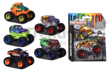 Autíčko meniace farbu Monster Rockerz Color Changers Majorette s odpružením a gumenými kolieskami 7,5 cm dĺžka 5 rôznych druhov