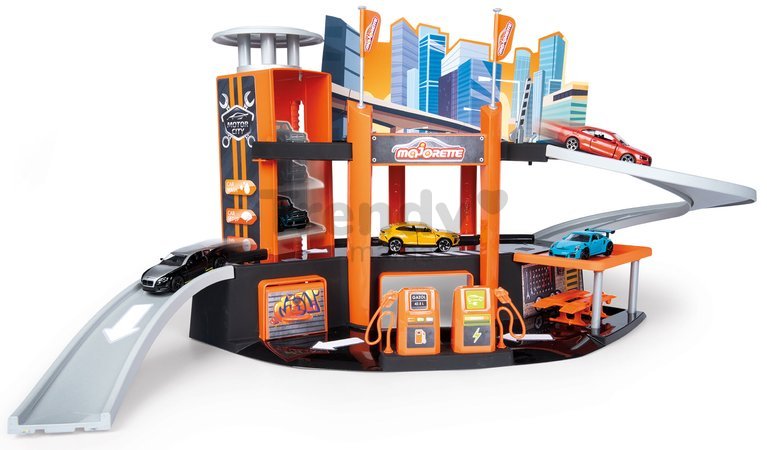 Garáž 3 poschodová s výťahom Garage Motor City Plus Majorette s rampou autodielňou a 1 autíčko